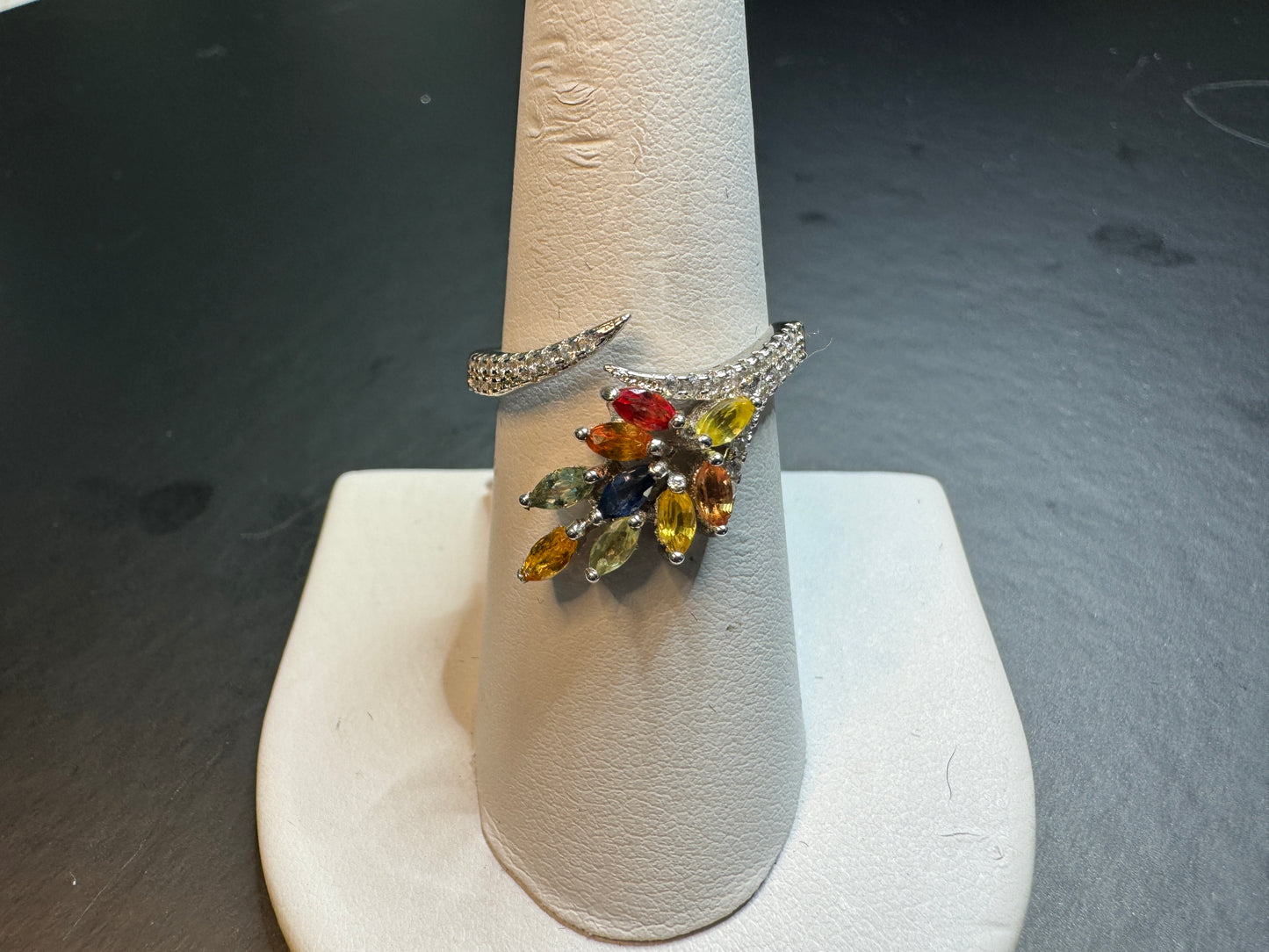 Leaf Pattern Multi Color Tourmaline Sterling Silver Ring