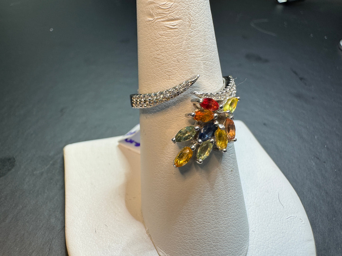 Leaf Pattern Multi Color Tourmaline Sterling Silver Ring