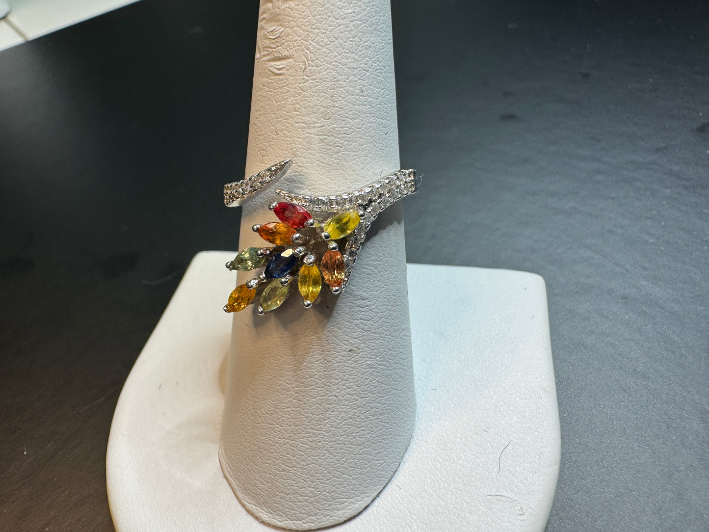Leaf Pattern Multi Color Tourmaline Sterling Silver Ring