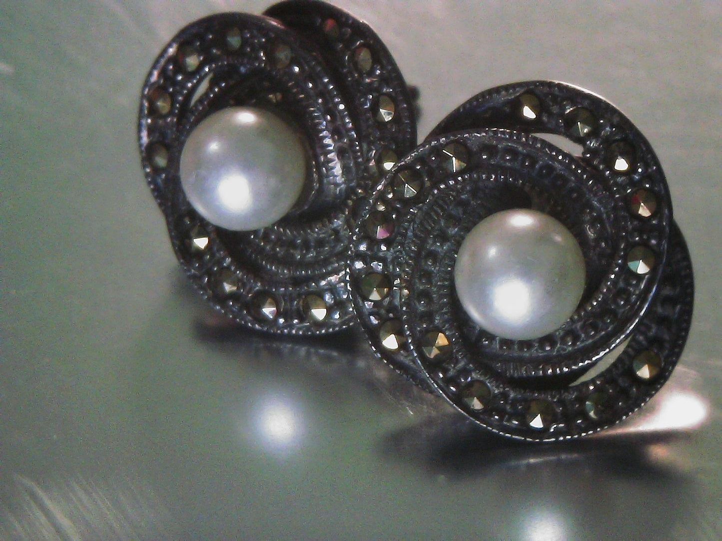 Vintage Estate Pearl Earrings set in Antiqued Sterling Silver