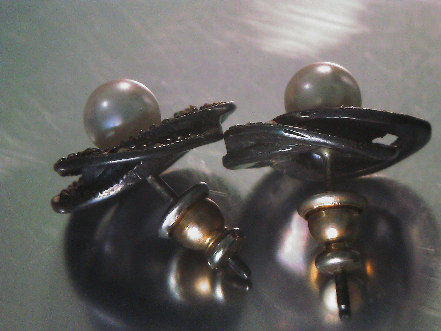 Vintage Estate Pearl Earrings set in Antiqued Sterling Silver