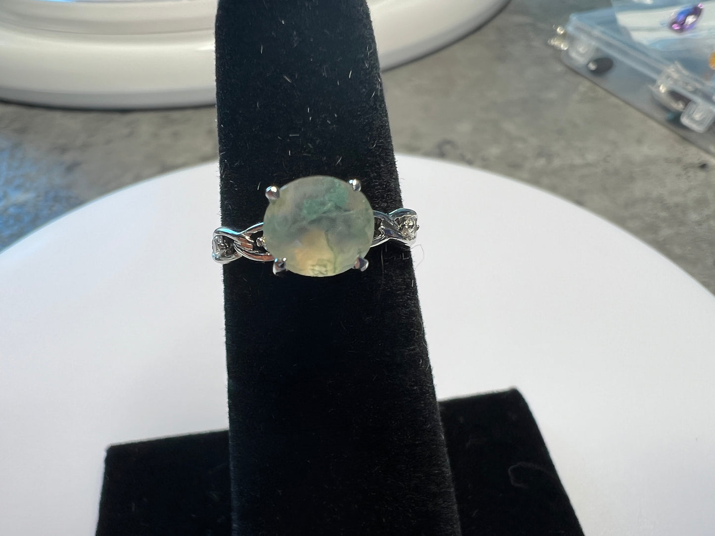 Rare Moss Agate Ring with CZ Accents