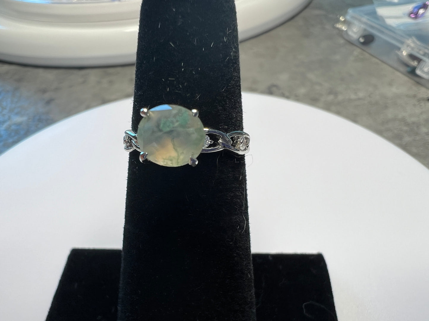 Rare Moss Agate Ring with CZ Accents
