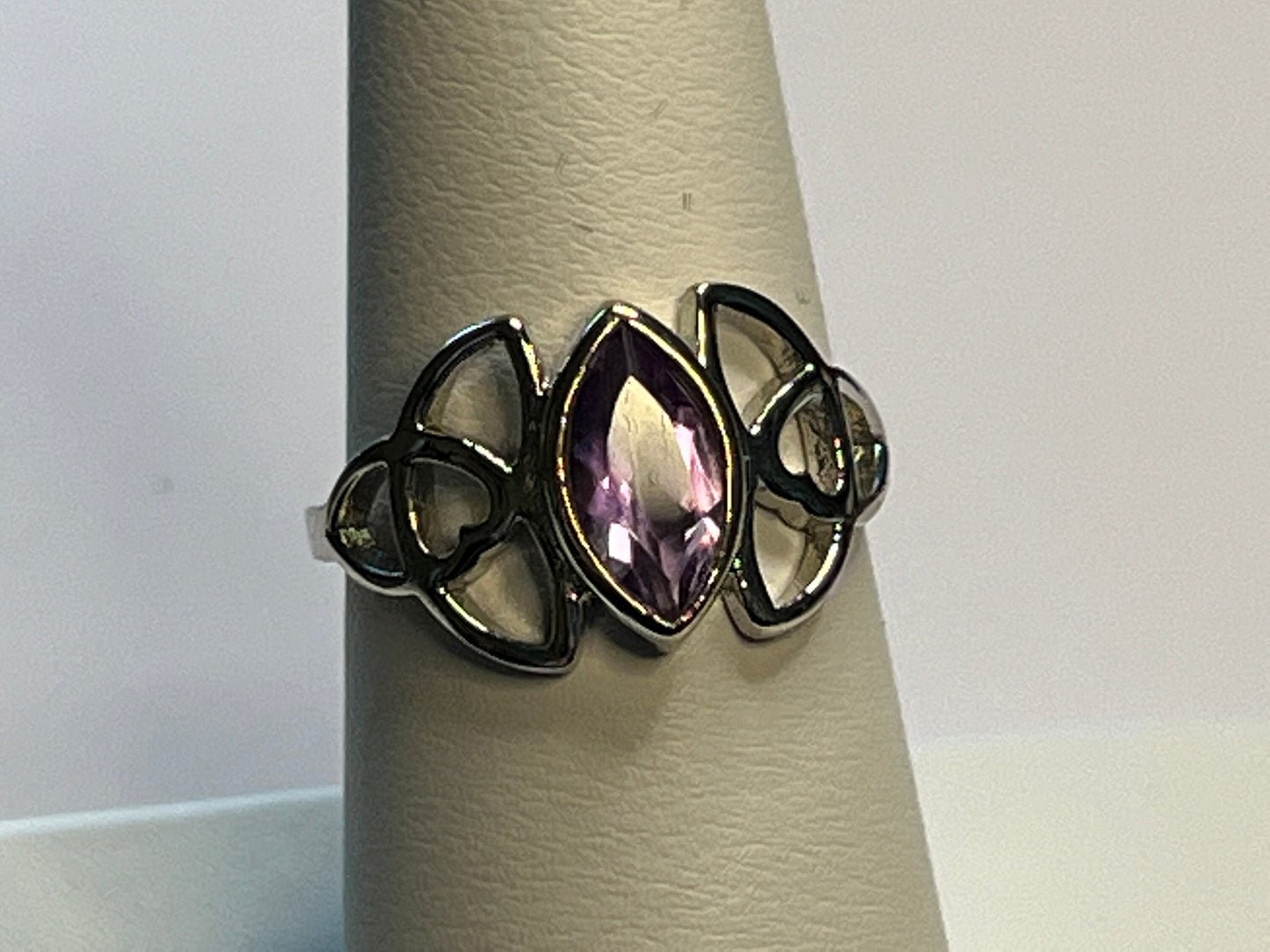 Glowing Amethyst Sterling Silver Ring in a Heart Stylized Setting
