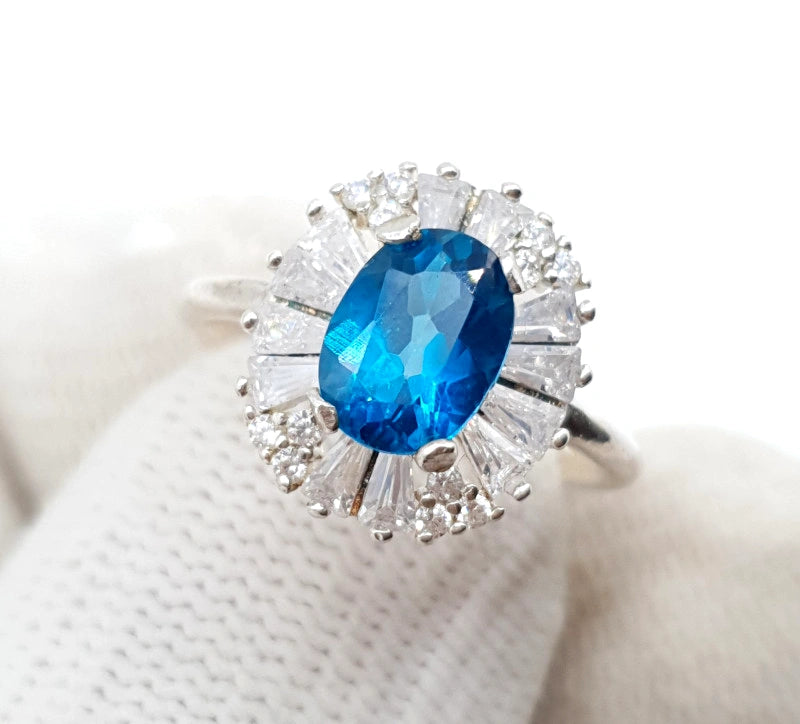 Bright Blue Topaz Ring w/CZ Accents (over 4 total carats!)