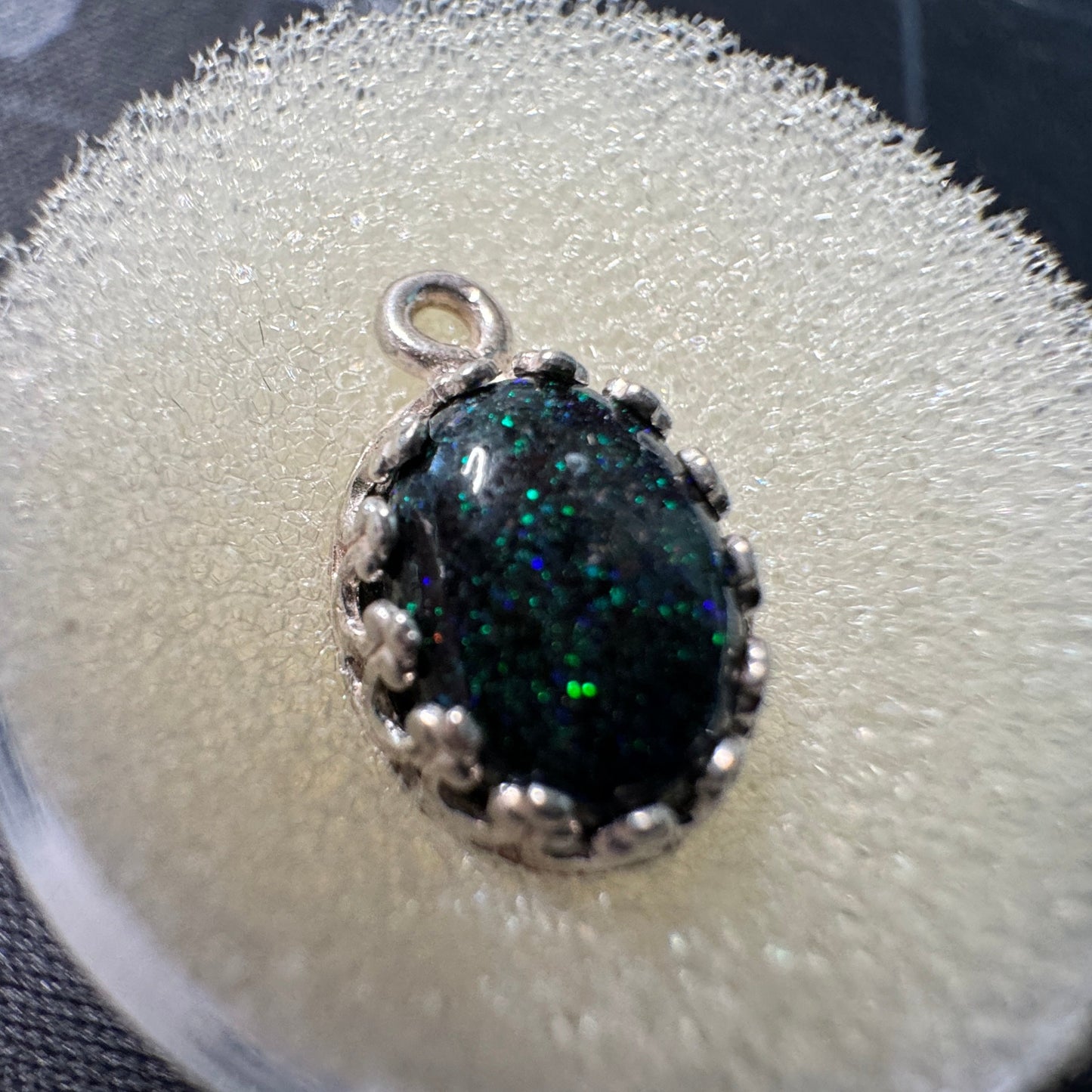 Black Fairy Opal Necklace w/A Galaxy of Green, Blue and Red Pinpoints of Color