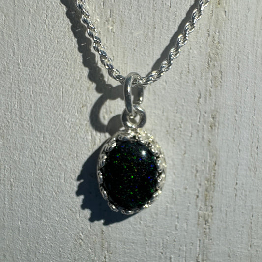 Black Fairy Opal Necklace w/A Galaxy of Green, Blue and Red Pinpoints of Color