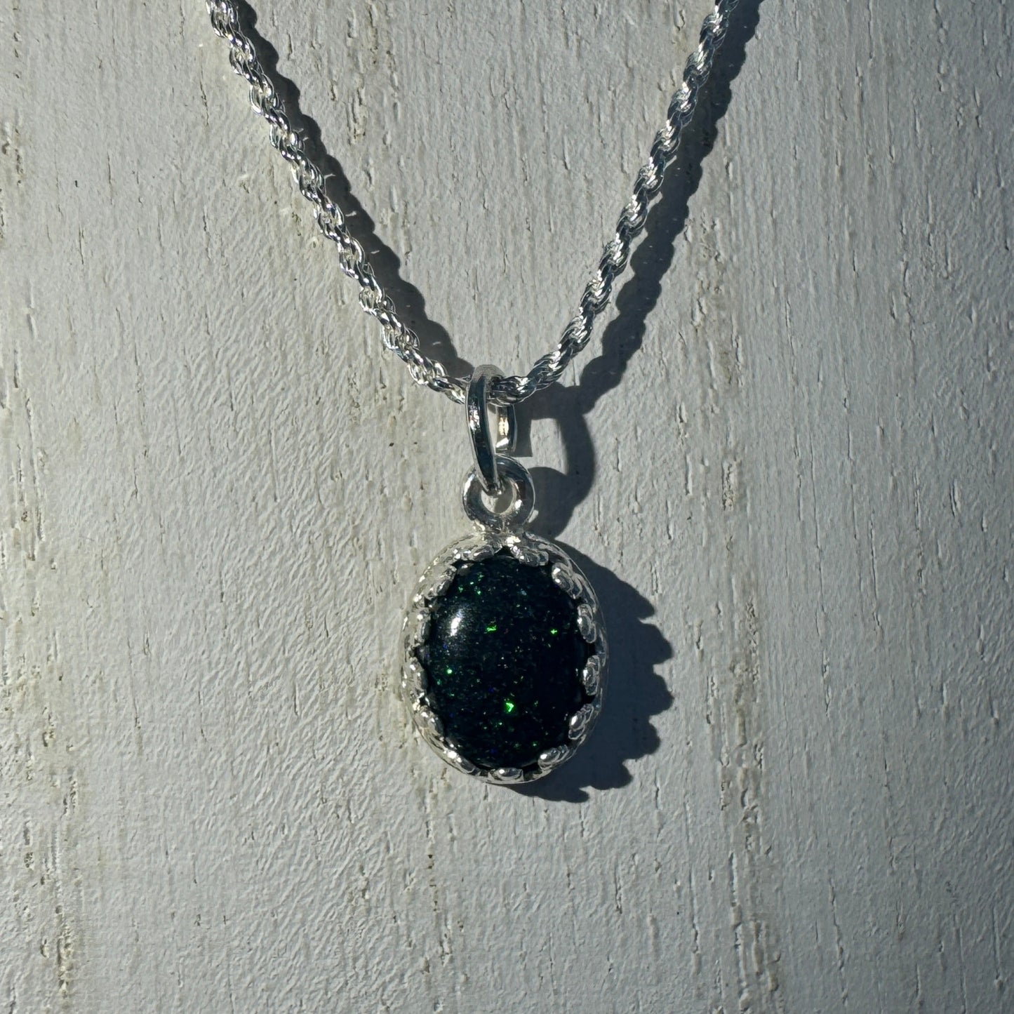 Black Fairy Opal Necklace w/A Galaxy of Green, Blue and Red Pinpoints of Color