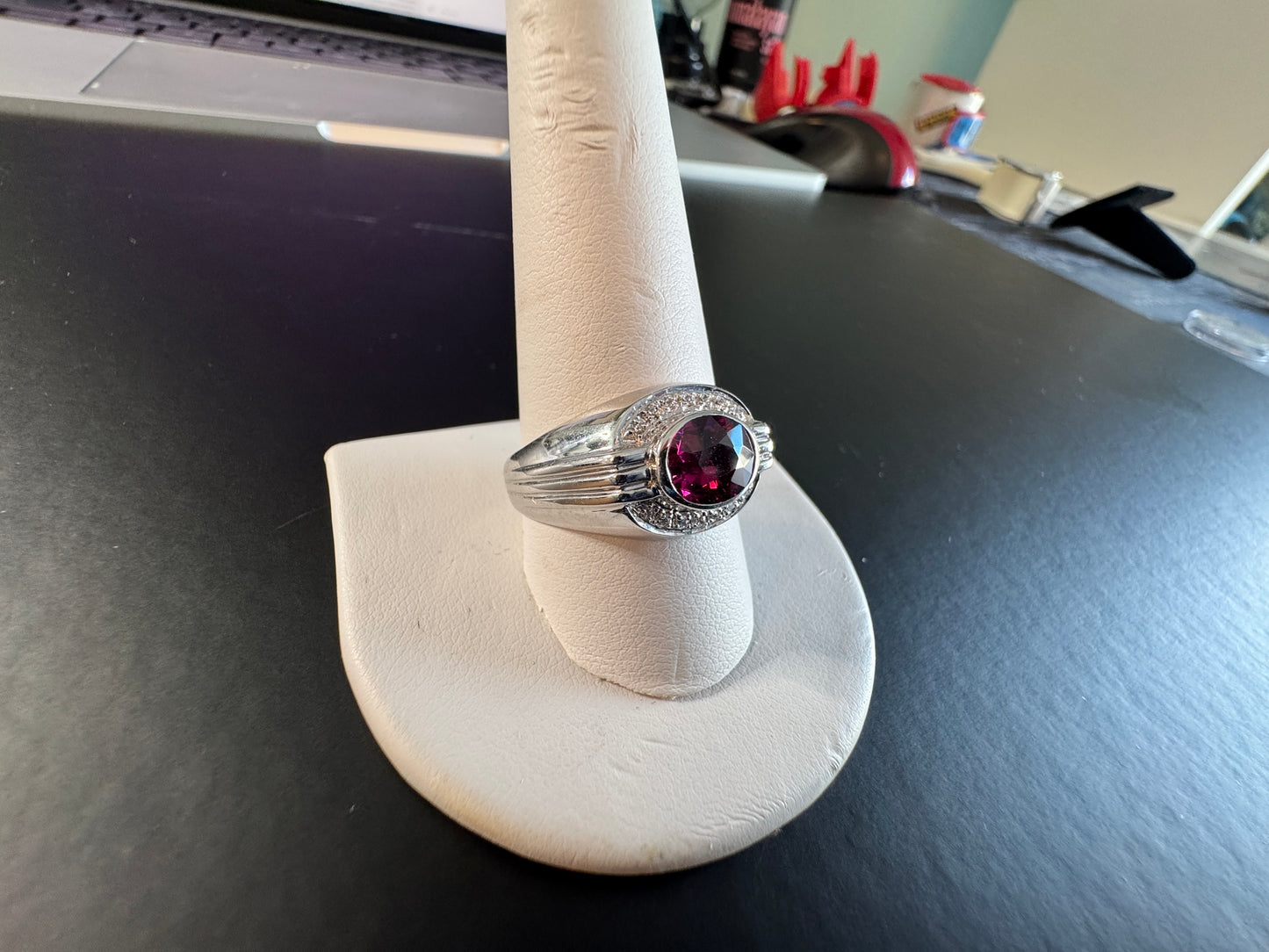 Mens Style Sterling Silver Garnet Ring w/ CZ Accents (Size 11)