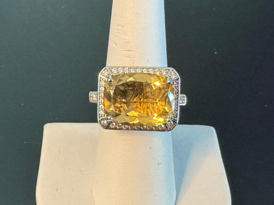 Big Emerald Cut Citrine Estate Ring