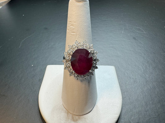 Gorgeous Estate Statement Piece - 14K Ruby Diamond Halo Ring