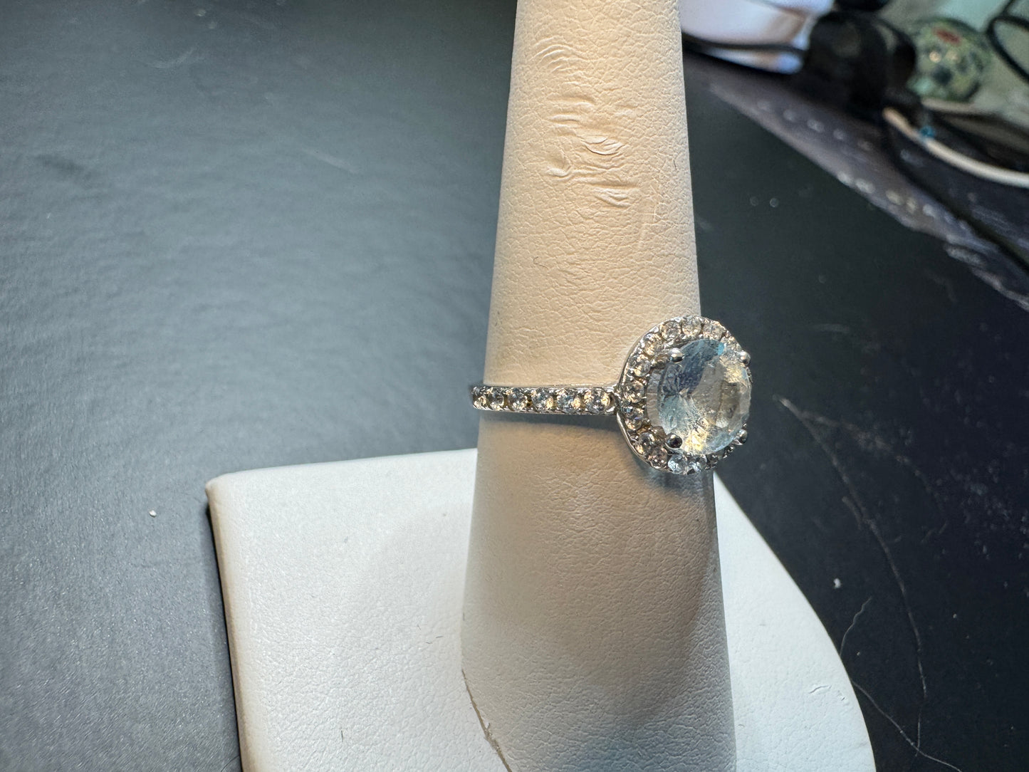 Estate Aquamarine Halo Ring in 14K White Gold