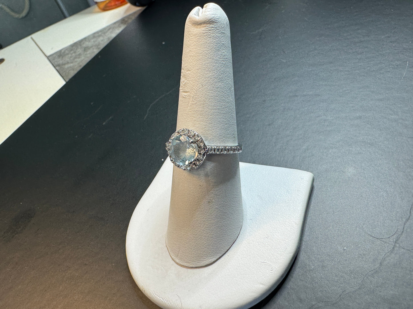 Estate Aquamarine Halo Ring in 14K White Gold