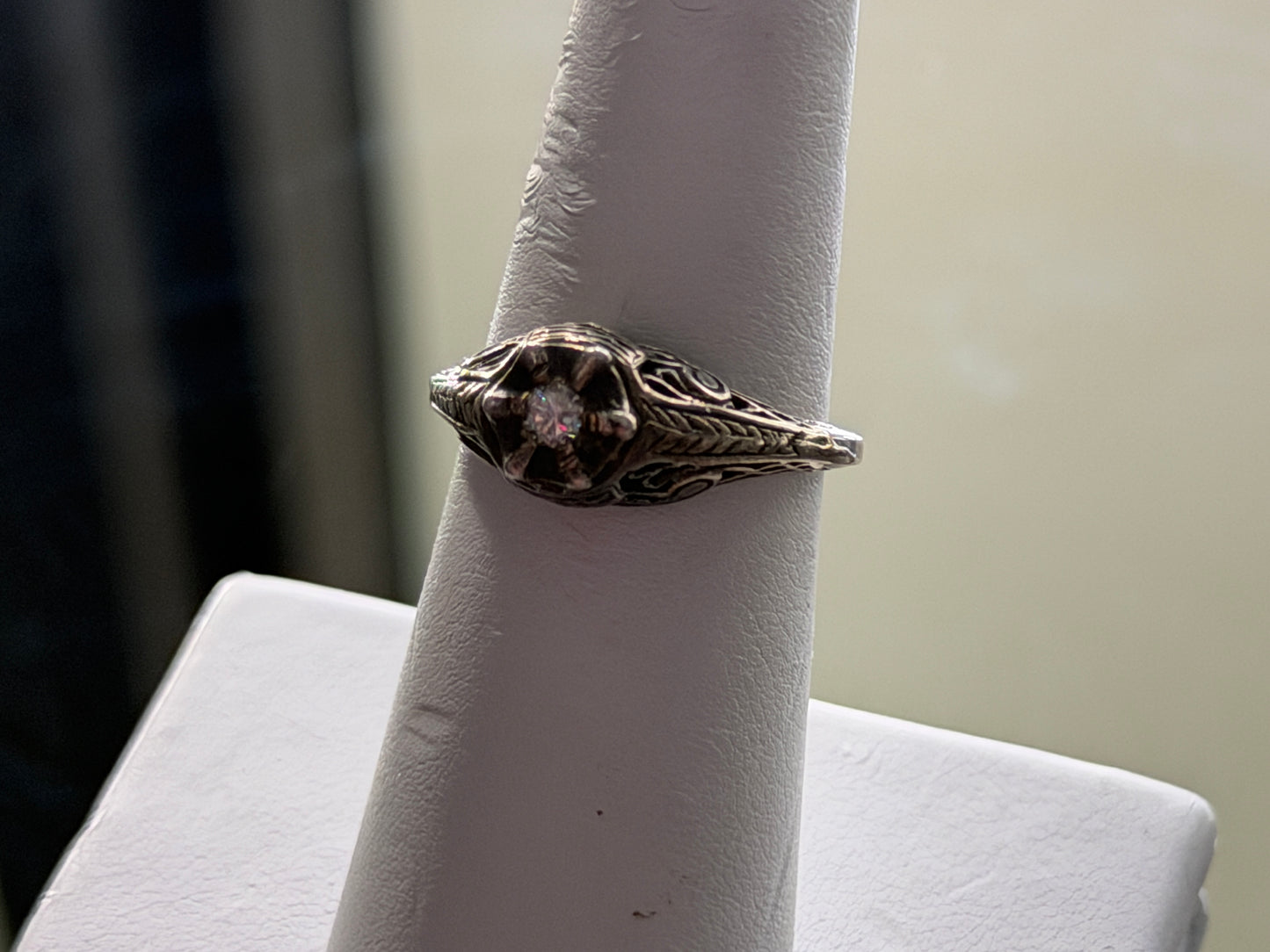 Sterling Silver Filigree Diamond Ring • 1/8ct SI1 H • Vintage Style Size 5.5