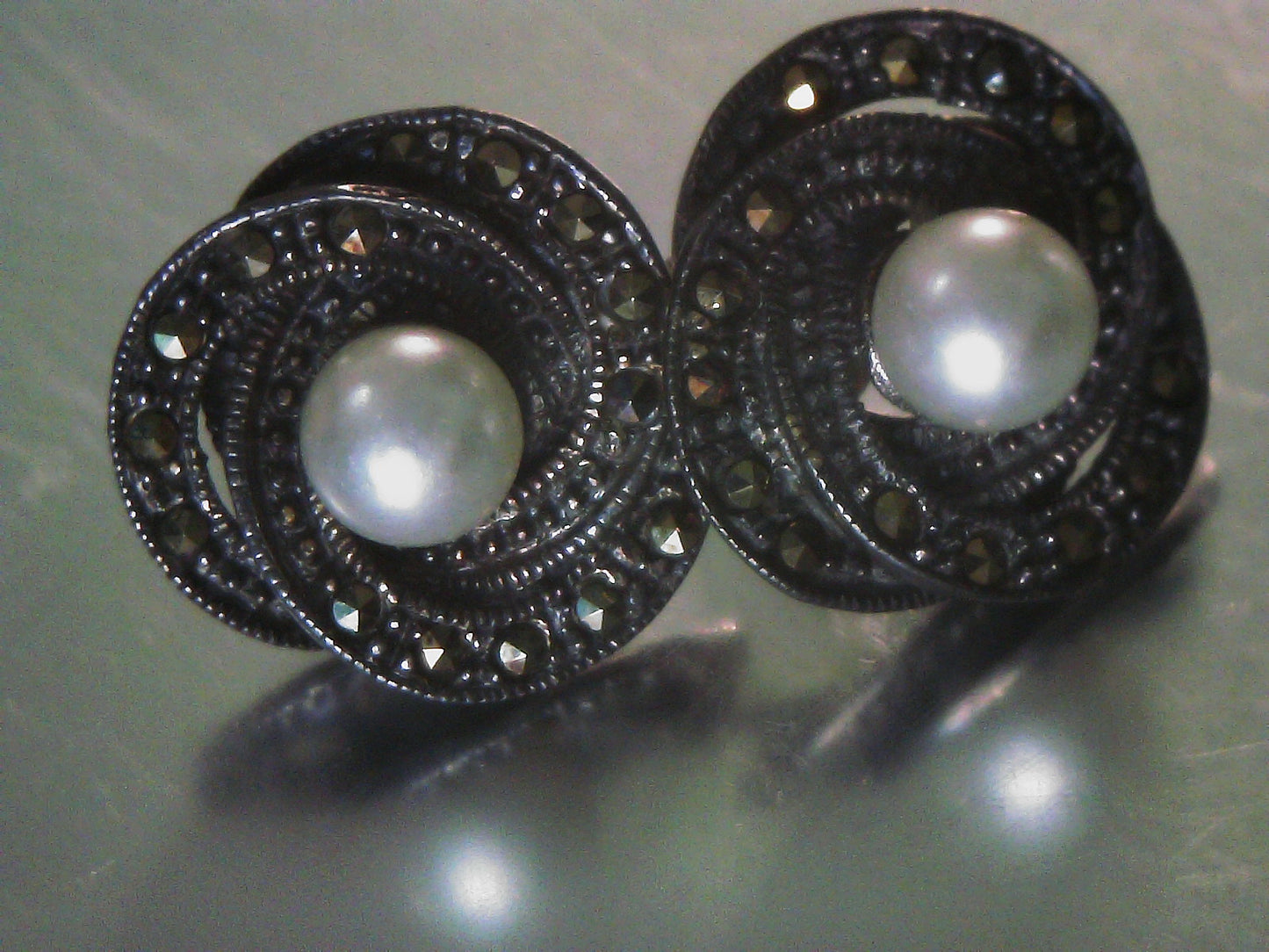 Vintage Estate Pearl Earrings set in Antiqued Sterling Silver