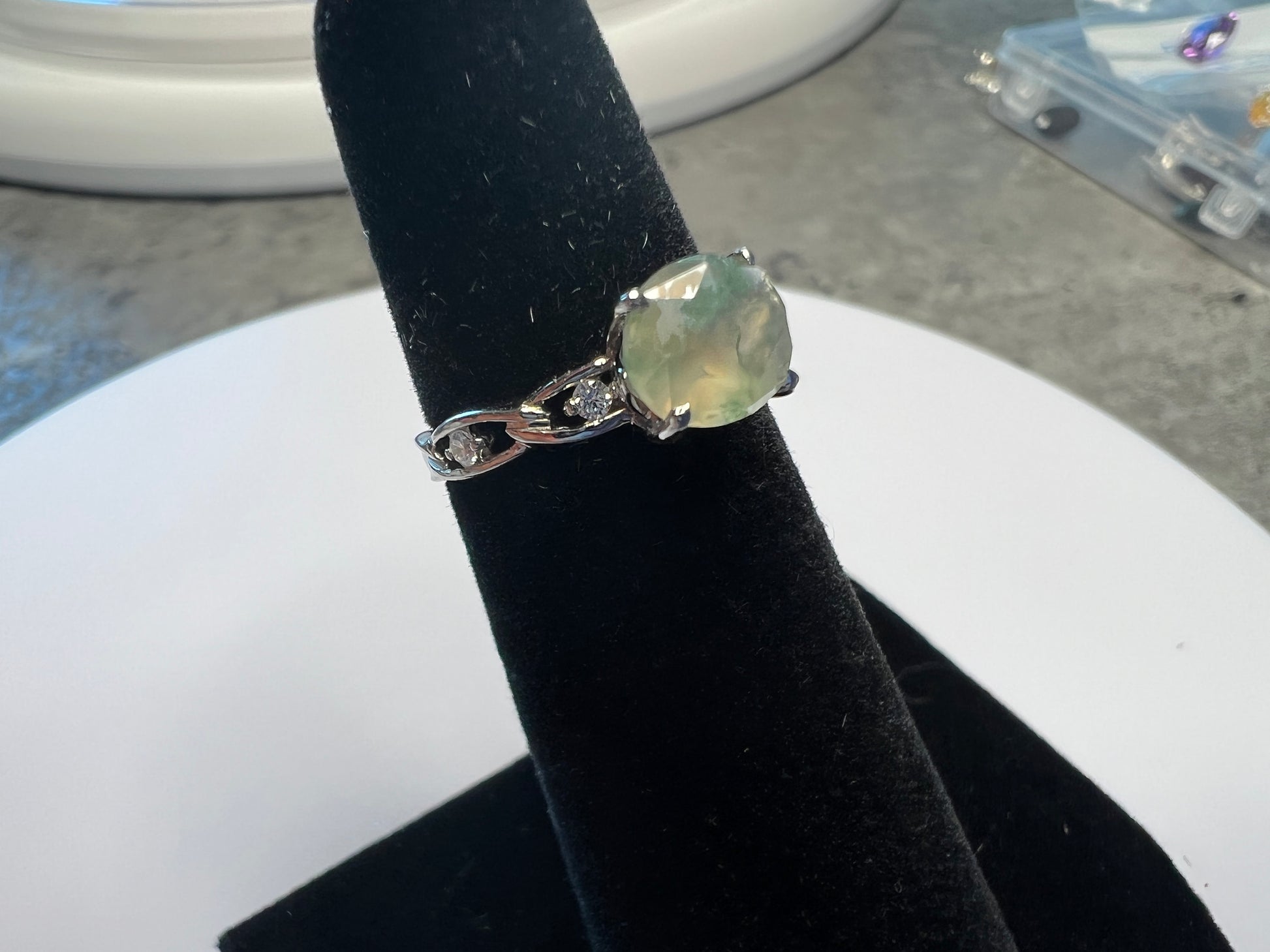 Rare Moss Agate Ring with CZ Accents
